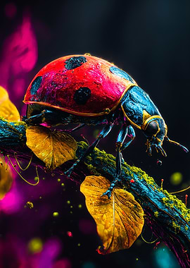 Vibrant Ladybug On Golden Branch