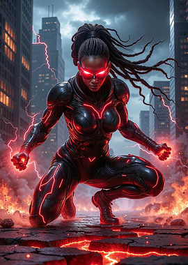 Cyberpunk Superheroine with glowing eyes and energy