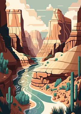 Grand Canyon with River and Cacti