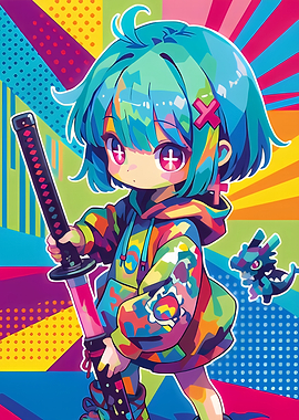 Anime Girl with Katana and Dragon