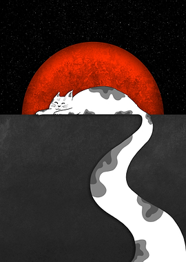 Cat sleeping on a wall under a red moon