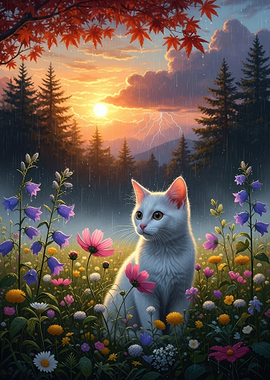 White Cat in a Flower Field During a Storm
