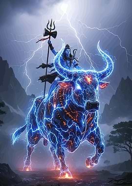 Lord Shiva riding Nandi with lightning