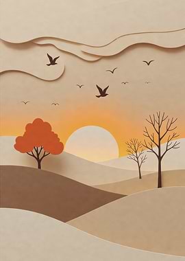 Paper Cutout Landscape with Birds and Sunset