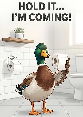 Duck holding toilet paper in bathroom