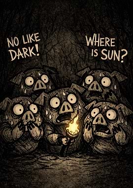 Scared pigs in the dark with a torch