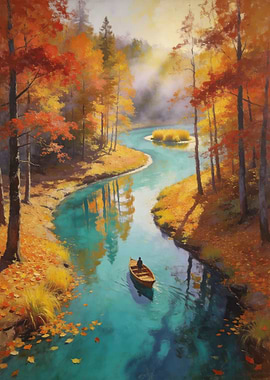 Autumn River Boat Scene