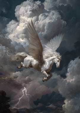 Pegasus flying through stormy clouds