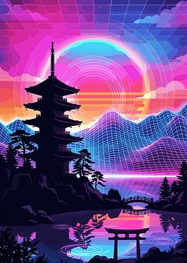 Retro Japanese Pagoda Landscape