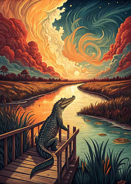 Alligator on a Dock at Sunset