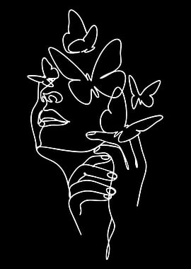 Line Art Woman with Butterflies