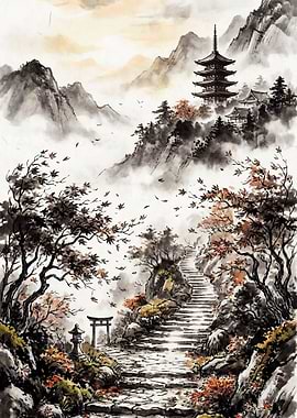 Japanese Mountain Pagoda and Torii Gate