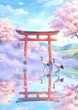 Torii Gate Crane Sakura Japanese Spring