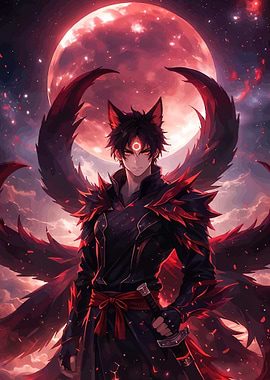 Anime Fox Demon with Red Moon