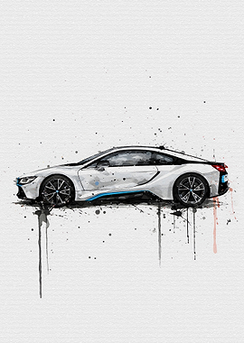 Watercolor BMW i8 Crystal White