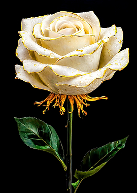 White Rose with Gold Edges and Water Droplets