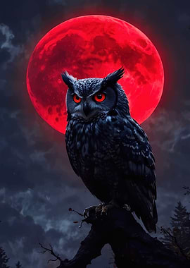 Owl with Red Moon