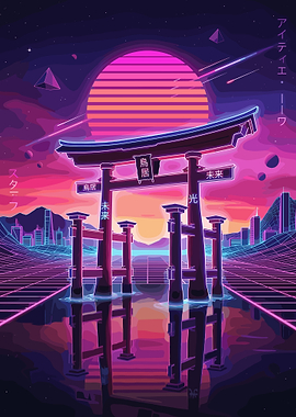 Retro Japanese Torii Gate Sunset