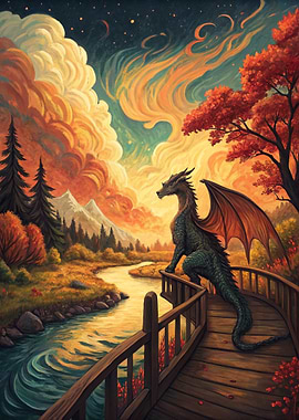 Dragon on a bridge overlooking a river