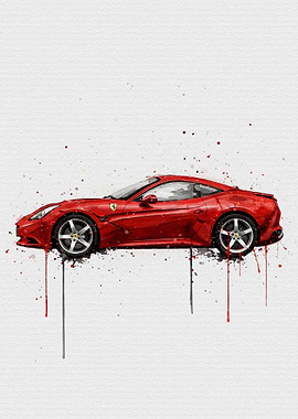 Red Ferrari California Watercolor Splash Art