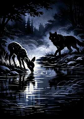 Wolf And Deer Wildlife Illustration