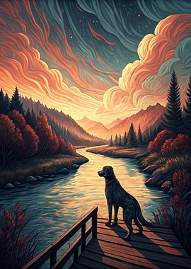 Dog on a dock at sunset