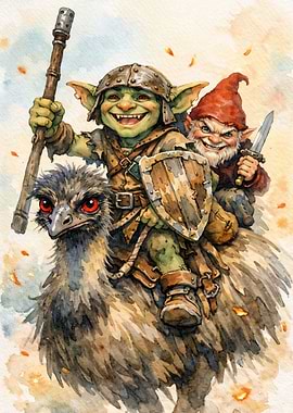 Goblin and Gnome Riding an Emu