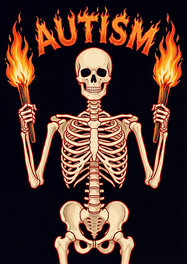 Skeleton holding flaming torches with 'AUTISM' in flames