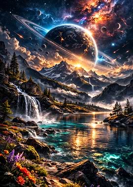Cosmic Landscape with Planet and Waterfall