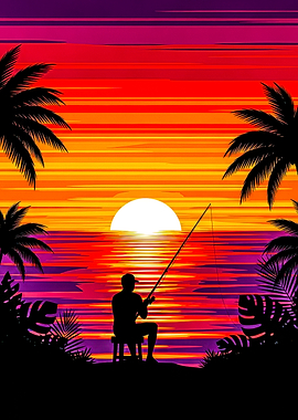 Fisherman at Sunset Tropical Beach