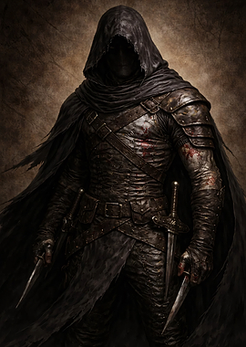 Dark hooded warrior with daggers
