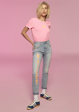 Hailey Bieber in Pink Top and Jeans