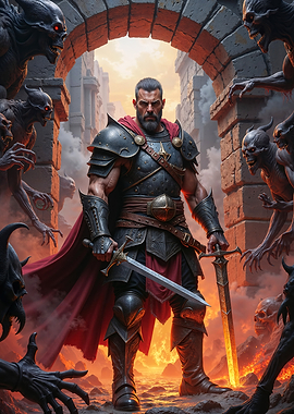 Warrior Knight Fights Demons in Fiery City