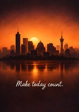 Cityscape at Sunset with Inspirational Quote