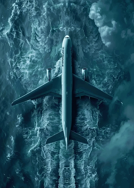 Airplane flying over stormy ocean