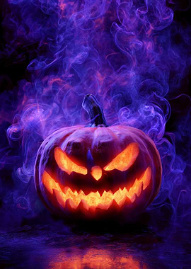 Scary Jack-o'-lantern with purple smoke