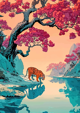 Tiger by a tranquil lake