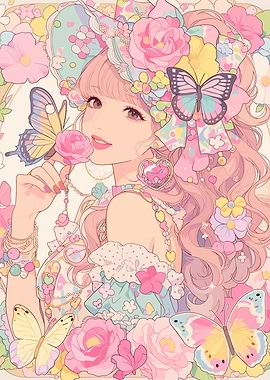 Kawaii Girl with Flowers and Butterflies