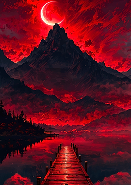 Crimson Moonlit Mountain Lake