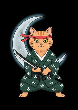Samurai Cat with Katana and Moon