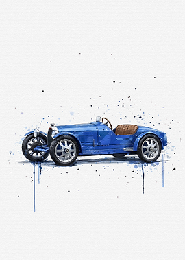 Blue Vintage Race Car Watercolor