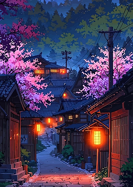 Japanese Village at Night with Cherry Blossoms