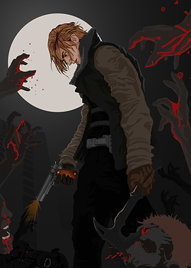 Survivor fighting zombies under the moon