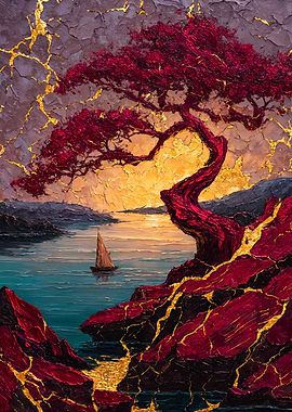 Vibrant Bonsai Kintsugi Impasto Landscape