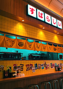 Japanese Restaurant Interior with Noren Curtains