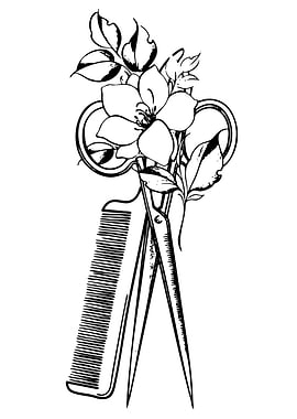 Floral Scissors and Comb Illustration