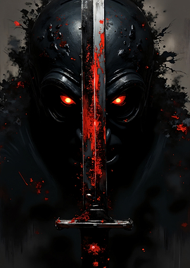 Dark Warrior with Glowing Eyes and Bloody Sword