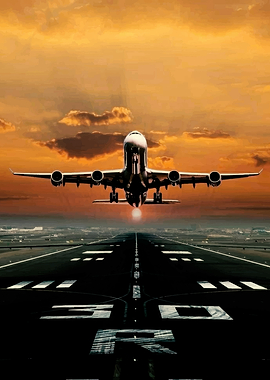 Airplane taking off at sunset