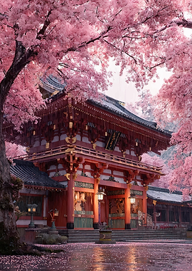 Japanese Temple Gate with Cherry Blossoms