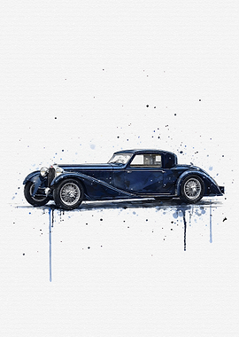 Watercolor Painting of a Vintage Blue Car